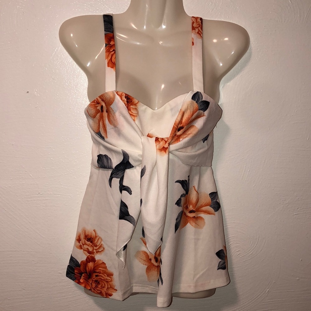 White Floral V Neck Knot Tie Front Tank Top